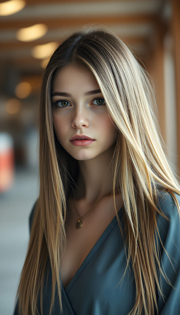 a photo of a realistic, detailed brown blonde girl with long, straight hair left an right the same length