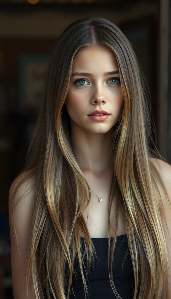 a photo of a realistic, detailed brown blonde girl with long, straight hair left an right the same length