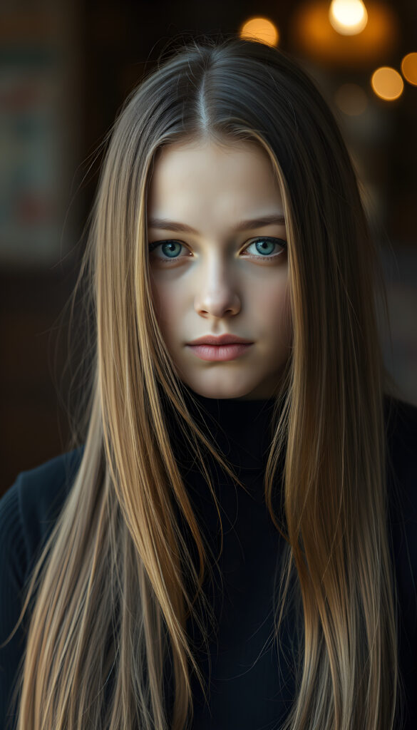 a photo of a realistic, detailed brown blonde girl with long, straight hair left an right the same length