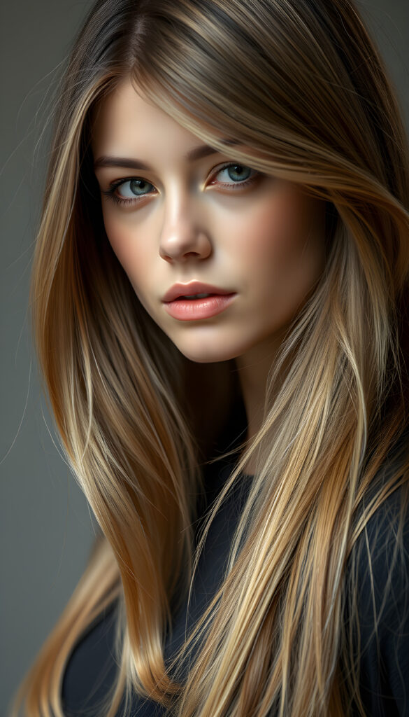a photo of a realistic, detailed brown blonde girl with long, straight hair left an right the same length