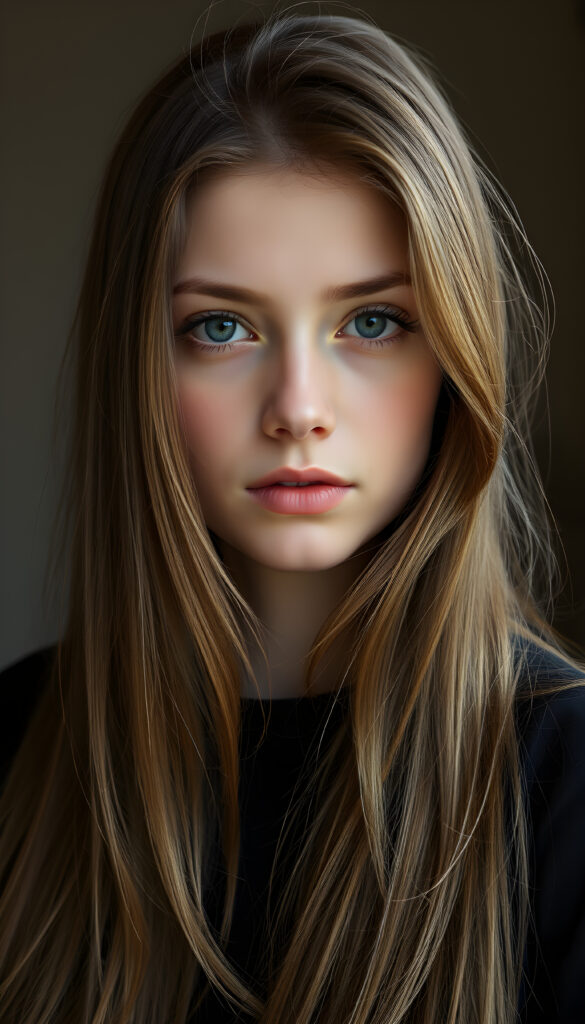 a photo of a realistic, detailed brown blonde girl with long, straight hair left an right the same length