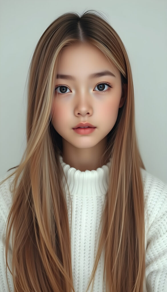 a photo of a realistic, detailed girl with long, straight brown white hair left an right the same length, cute, stunning, gorgeous, white fine sweater