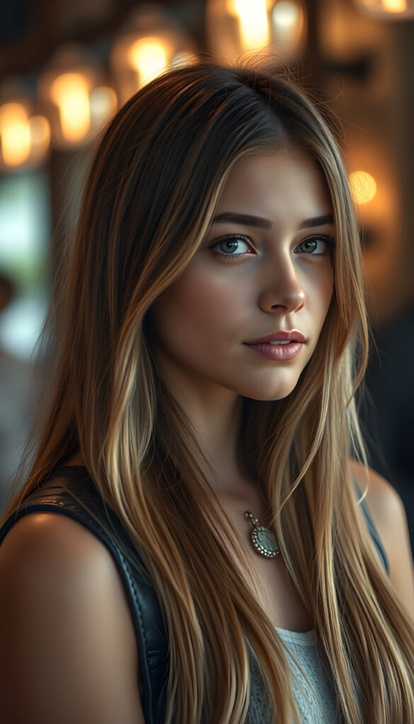 a photo of a realistic, detailed brown blonde girl with long, straight hair left an right the same length