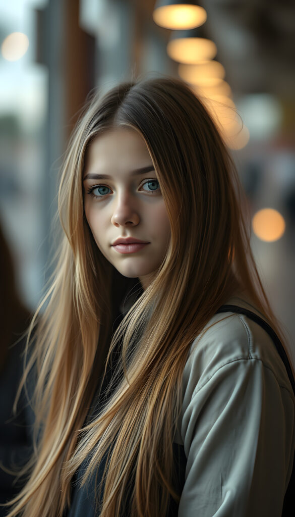 a photo of a realistic, detailed brown blonde girl with long, straight hair left an right the same length