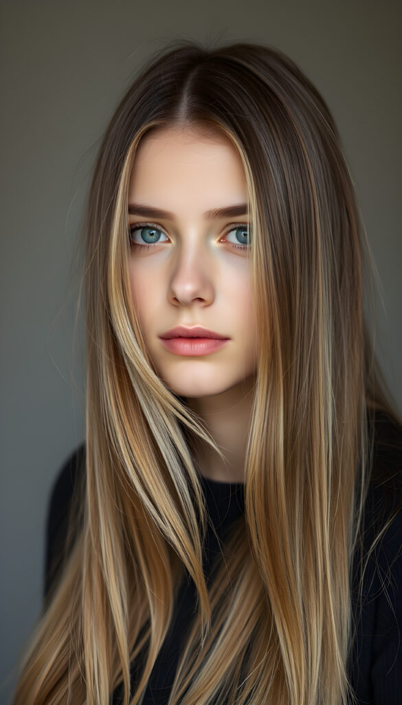 a photo of a realistic, detailed brown blonde girl with long, straight hair left an right the same length