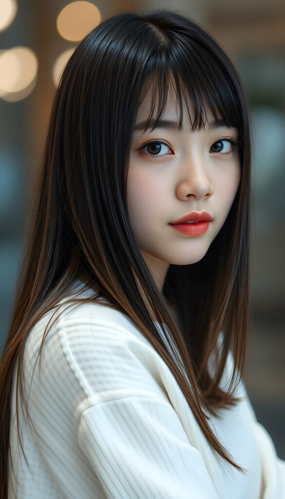 a photo of a realistic, detailed Asian girl with straight brown and obsidian black soft hair left an right the same length, bangs cut frame her round face, green eyes, full lips, cute, stunning, gorgeous, white fine sweater, calming background