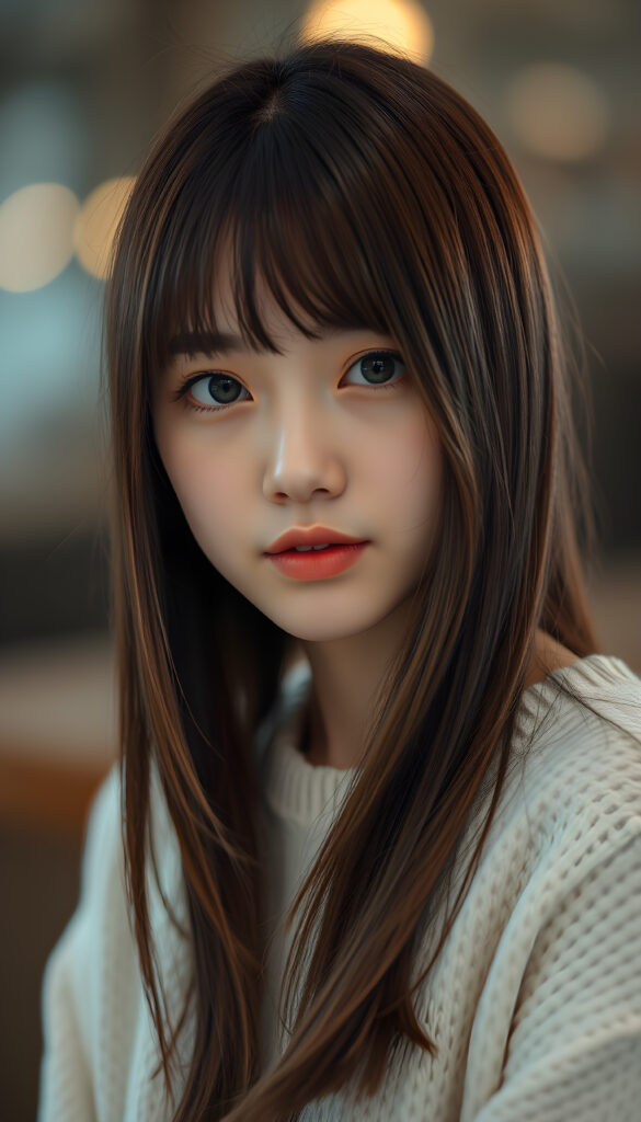 a photo of a realistic, detailed Asian girl with straight brown and obsidian black soft hair left an right the same length, bangs cut frame her round face, green eyes, full lips, cute, stunning, gorgeous, white fine sweater, calming background
