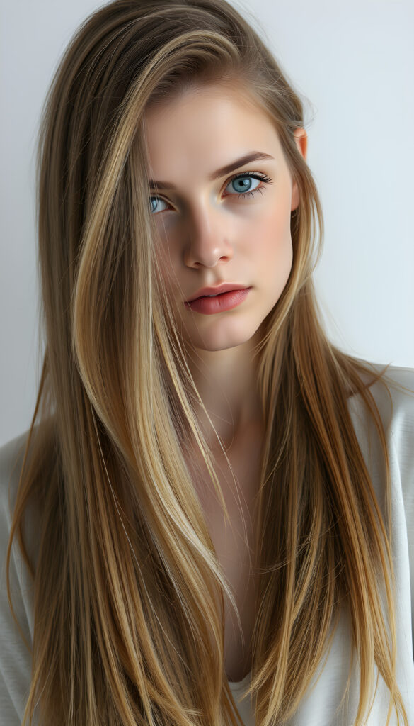 a photo of a realistic, detailed brown blonde girl with long, straight hair left an right the same length