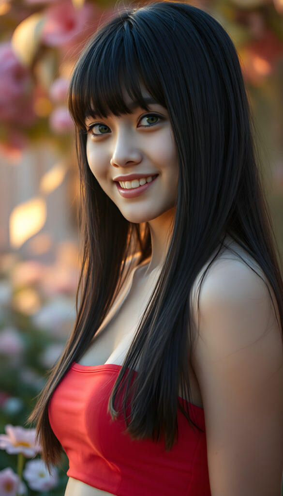 a photo realistic and radiant side portrait of a young well busty seductive teenage girl with straight black very long hair, soft bangs, same length left and right, her eyes sparkling with vibrant green hues, adorned in a light red cropped tank top. She stands confidently in a whimsical, pastel-hued garden, bathed in soft, golden sunlight. Her smile is warm and inviting, white teeth, enhancing her youthful charm and beauty. The background features dreamy, pastel-colored clouds and gentle light beams, creating a serene and enchanting atmosphere with a beautiful sunset