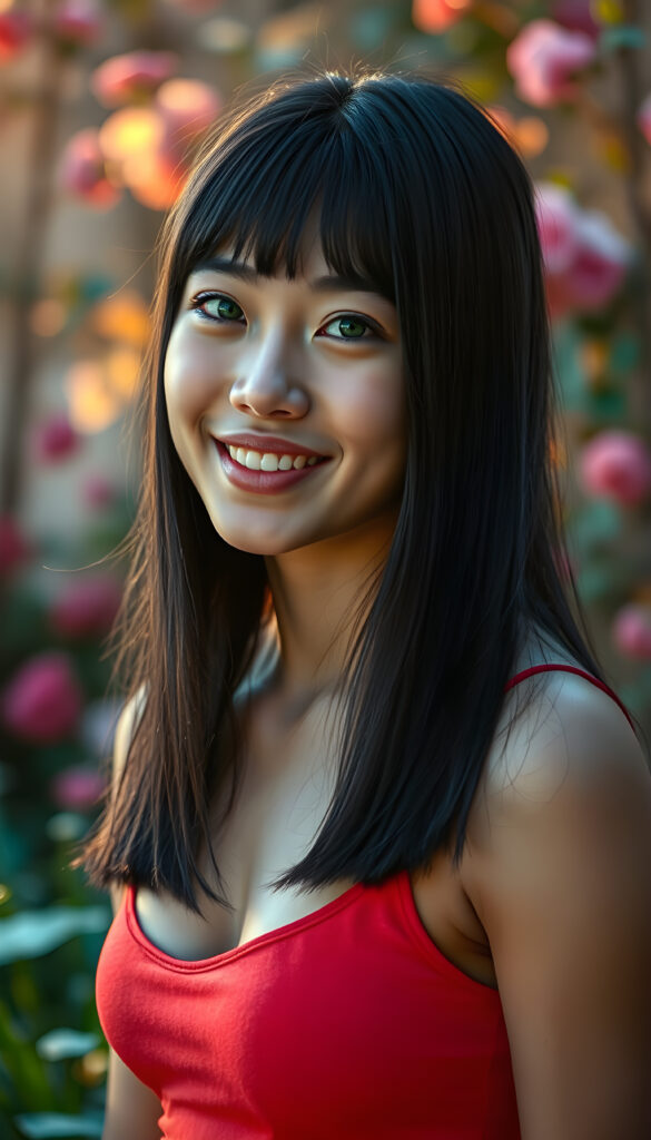 a photo realistic and radiant side portrait of a young well busty seductive teenage girl with straight black very long hair, soft bangs, same length left and right, her eyes sparkling with vibrant green hues, adorned in a light red cropped tank top. She stands confidently in a whimsical, pastel-hued garden, bathed in soft, golden sunlight. Her smile is warm and inviting, white teeth, enhancing her youthful charm and beauty. The background features dreamy, pastel-colored clouds and gentle light beams, creating a serene and enchanting atmosphere with a beautiful sunset
