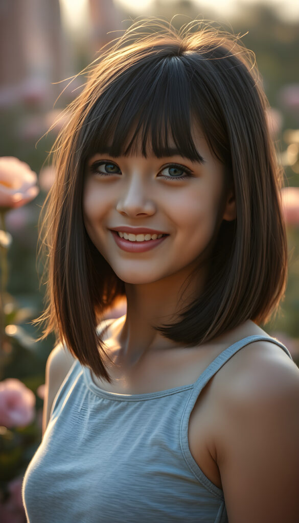 a photo realistic and radiant side portrait of a young teenage girl with straight black hair with golden highlights, soft bangs, same length left and right, classic short bob cut, her eyes sparkling with vibrant blue hues, adorned in a light grey cropped tank top. She stands confidently in a whimsical, pastel-hued garden, bathed in soft, golden sunlight. Her smile is warm and inviting, white teeth, enhancing her youthful charm and beauty. The background features dreamy, pastel-colored clouds and gentle light beams, creating a serene and enchanting atmosphere.