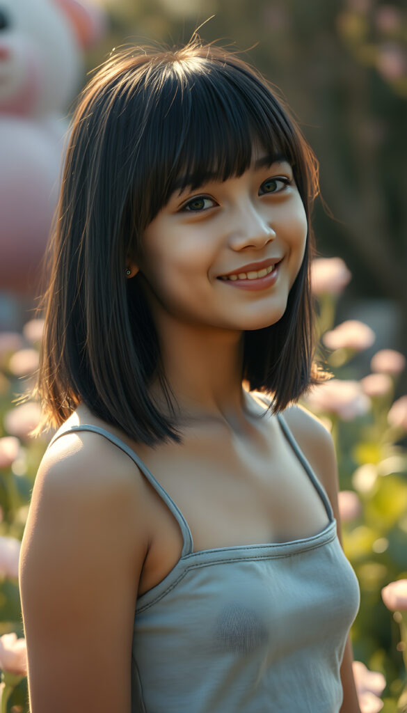 a photo realistic and radiant side portrait of a young teenage girl with straight black hair with golden highlights, soft bangs, same length left and right, classic short bob cut, her eyes sparkling with vibrant blue hues, adorned in a light grey cropped tank top. She stands confidently in a whimsical, pastel-hued garden, bathed in soft, golden sunlight. Her smile is warm and inviting, white teeth, enhancing her youthful charm and beauty. The background features dreamy, pastel-colored clouds and gentle light beams, creating a serene and enchanting atmosphere.