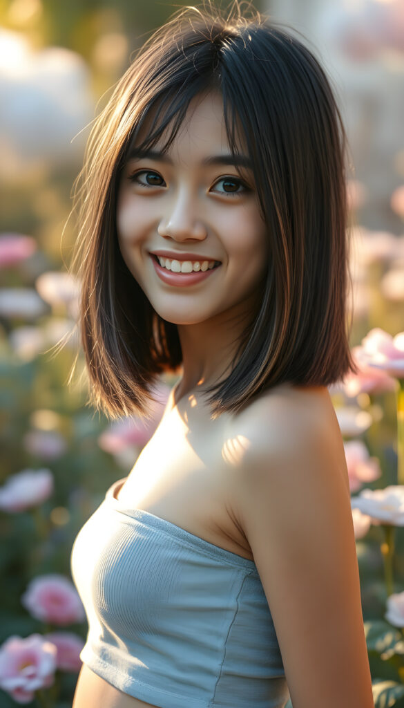a photo realistic and radiant side portrait of a young teenage girl with straight black hair with golden highlights, soft bangs, same length left and right, classic short bob cut, her eyes sparkling with vibrant blue hues, adorned in a light grey cropped tank top. She stands confidently in a whimsical, pastel-hued garden, bathed in soft, golden sunlight. Her smile is warm and inviting, white teeth, enhancing her youthful charm and beauty. The background features dreamy, pastel-colored clouds and gentle light beams, creating a serene and enchanting atmosphere.
