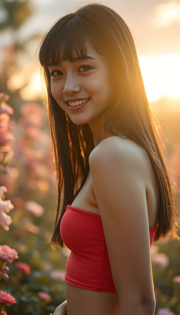 a photo realistic and radiant side portrait of a young well busty seductive teenage girl with straight black very long hair, soft bangs, same length left and right, her eyes sparkling with vibrant green hues, adorned in a light red cropped tank top. She stands confidently in a whimsical, pastel-hued garden, bathed in soft, golden sunlight. Her smile is warm and inviting, white teeth, enhancing her youthful charm and beauty. The background features dreamy, pastel-colored clouds and gentle light beams, creating a serene and enchanting atmosphere with a beautiful sunset