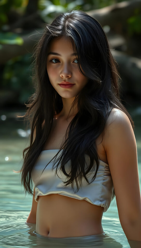 a (((beautiful young girl))), with long, black, wavy hair cascading down her shoulders, standing confidently in a crystal clear (((natural spring))), her face turned bashfully towards the camera, wearing a delicate, sleek (((silk crop top))), along with a playful, (round, short mini skirt) that accentuates her figure