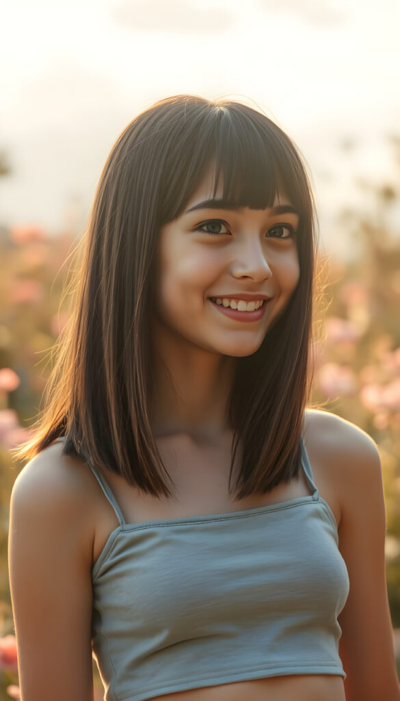 a photo realistic and radiant side portrait of a young teenage girl with straight black hair with golden highlights, soft bangs, same length left and right, classic short bob cut, her eyes sparkling with vibrant blue hues, adorned in a light grey cropped tank top. She stands confidently in a whimsical, pastel-hued garden, bathed in soft, golden sunlight. Her smile is warm and inviting, white teeth, enhancing her youthful charm and beauty. The background features dreamy, pastel-colored clouds and gentle light beams, creating a serene and enchanting atmosphere.