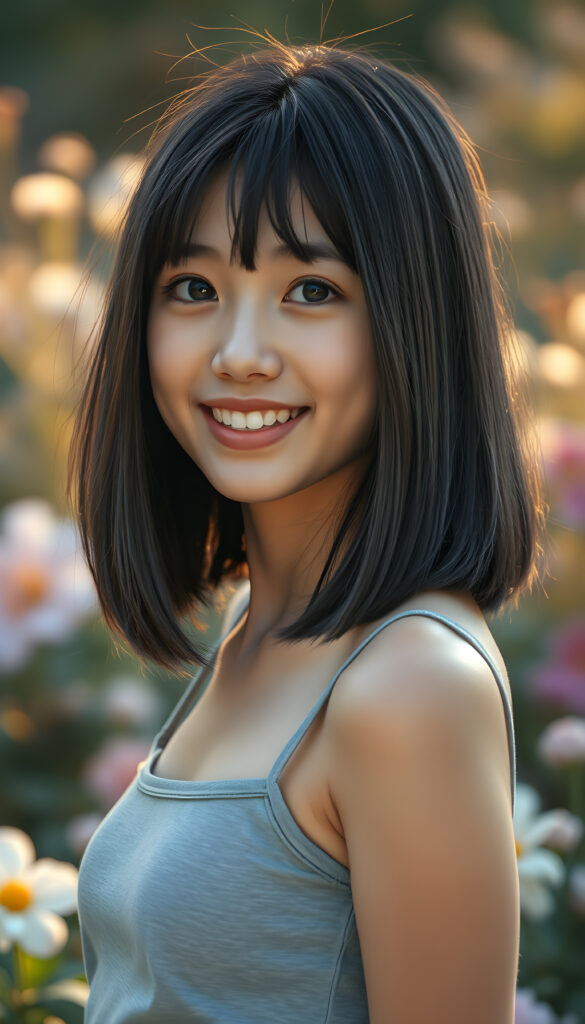 a photo realistic and radiant side portrait of a young teenage girl with straight black hair with golden highlights, soft bangs, same length left and right, classic short bob cut, her eyes sparkling with vibrant blue hues, adorned in a light grey cropped tank top. She stands confidently in a whimsical, pastel-hued garden, bathed in soft, golden sunlight. Her smile is warm and inviting, white teeth, enhancing her youthful charm and beauty. The background features dreamy, pastel-colored clouds and gentle light beams, creating a serene and enchanting atmosphere.