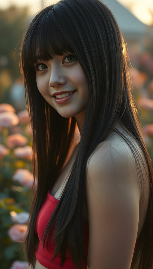 a photo realistic and radiant side portrait of a young well busty seductive teenage girl with straight black very long hair, soft bangs, same length left and right, her eyes sparkling with vibrant green hues, adorned in a light red cropped tank top. She stands confidently in a whimsical, pastel-hued garden, bathed in soft, golden sunlight. Her smile is warm and inviting, white teeth, enhancing her youthful charm and beauty. The background features dreamy, pastel-colored clouds and gentle light beams, creating a serene and enchanting atmosphere with a beautiful sunset