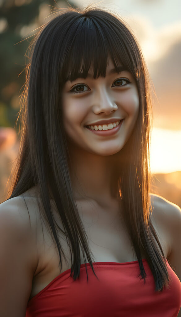 a photo realistic and radiant side portrait of a young well busty seductive teenage girl with straight black very long hair, soft bangs, same length left and right, her eyes sparkling with vibrant green hues, adorned in a light red cropped tank top. She stands confidently in a whimsical, pastel-hued garden, bathed in soft, golden sunlight. Her smile is warm and inviting, white teeth, enhancing her youthful charm and beauty. The background features dreamy, pastel-colored clouds and gentle light beams, creating a serene and enchanting atmosphere with a beautiful sunset