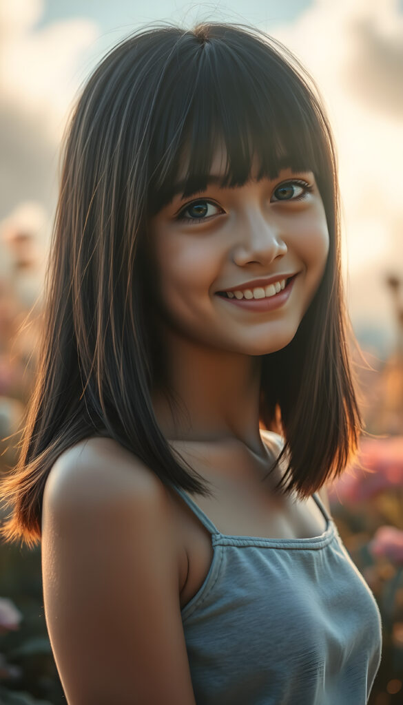 a photo realistic and radiant side portrait of a young teenage girl with straight black hair with golden highlights, soft bangs, same length left and right, classic short bob cut, her eyes sparkling with vibrant blue hues, adorned in a light grey cropped tank top. She stands confidently in a whimsical, pastel-hued garden, bathed in soft, golden sunlight. Her smile is warm and inviting, white teeth, enhancing her youthful charm and beauty. The background features dreamy, pastel-colored clouds and gentle light beams, creating a serene and enchanting atmosphere.