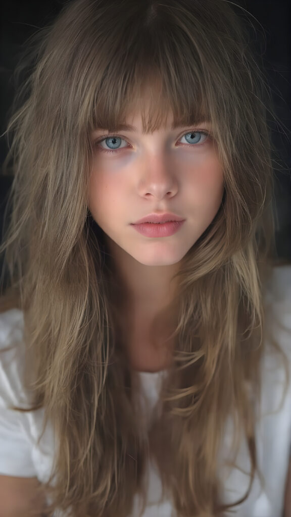 a photo shows a young aduld stunning teen girl with soft brown hair, bangs, light blue eyes and pale skin. Her hair falls over her body and shines, she wears a white t-shirt, full kissable lips, round face, dark backdrop
