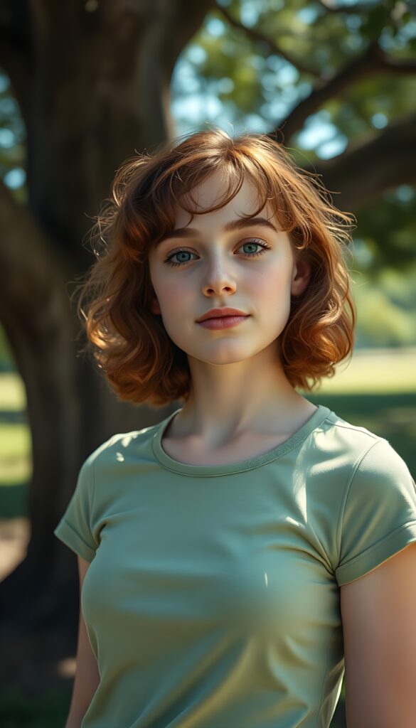 a playful (((young adult woman))) with rosy cheeks and bright eyes, cooper red curly hair in a shoulder long bob cut, capturing a wholesome, (((cuteness))), dressed in a (simple light green thin t-shirt), stands under an oak tree. The sun kiss her freckles skin.