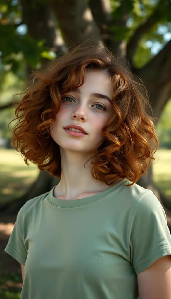 a playful (((young adult woman))) with rosy cheeks and bright eyes, cooper red curly hair in a shoulder long bob cut, capturing a wholesome, (((cuteness))), dressed in a (simple light green thin t-shirt), stands under an oak tree. The sun kiss her freckles skin.