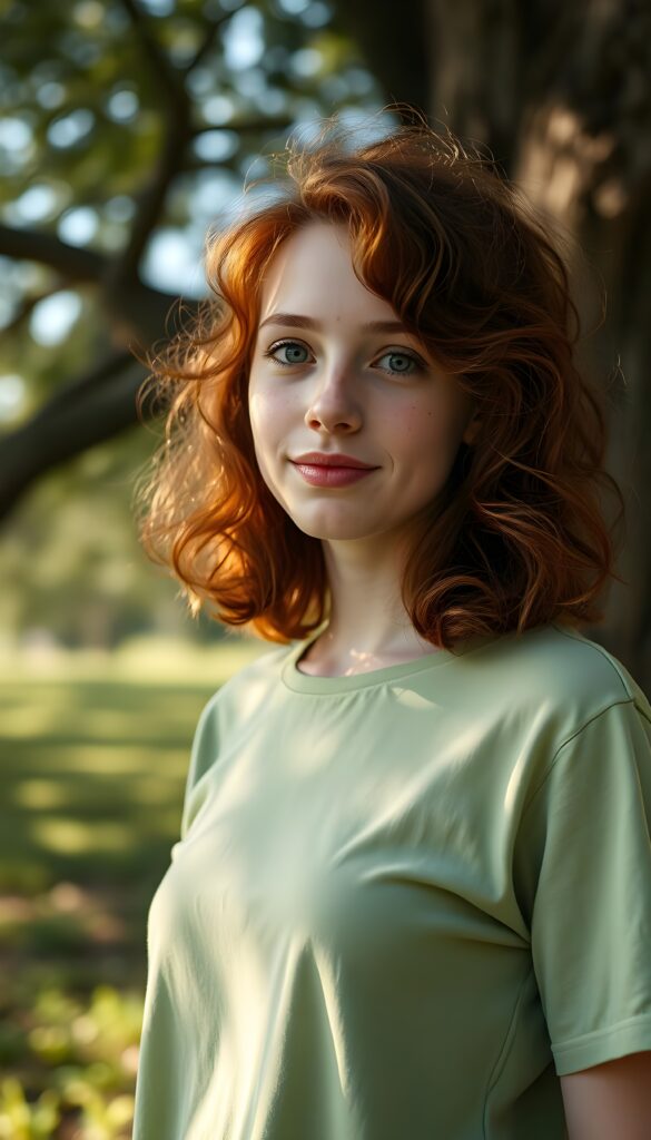 a playful (((young adult woman))) with rosy cheeks and bright eyes, cooper red curly hair in a shoulder long bob cut, capturing a wholesome, (((cuteness))), dressed in a (simple light green thin t-shirt), stands under an oak tree. The sun kiss her freckles skin.