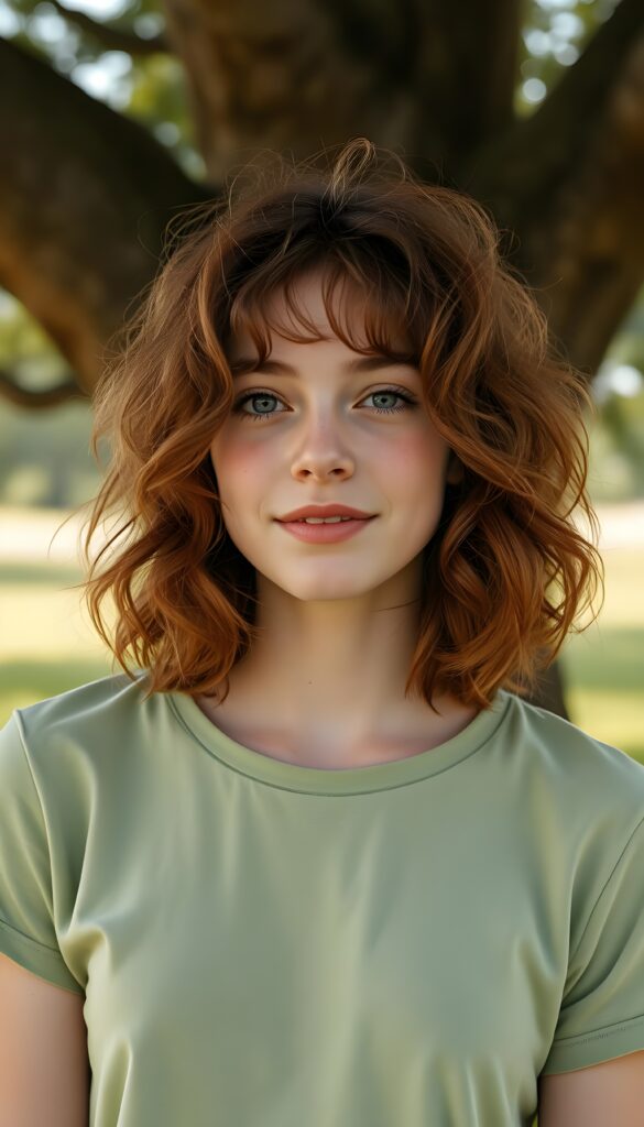 a playful (((young adult woman))) with rosy cheeks and bright eyes, cooper red curly hair in a shoulder long bob cut, capturing a wholesome, (((cuteness))), dressed in a (simple light green thin t-shirt), stands under an oak tree. The sun kiss her freckles skin.