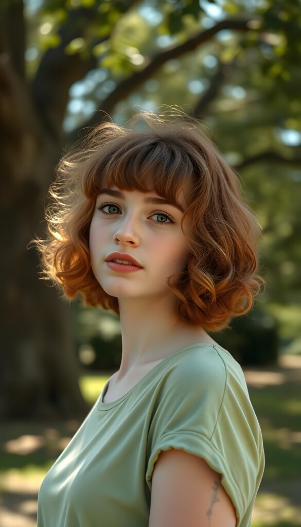 a playful (((young adult woman))) with rosy cheeks and bright eyes, cooper red curly hair in a shoulder long bob cut, capturing a wholesome, (((cuteness))), dressed in a (simple light green thin t-shirt), stands under an oak tree. The sun kiss her freckles skin.