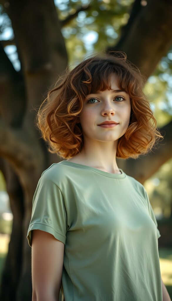 a playful (((young adult woman))) with rosy cheeks and bright eyes, cooper red curly hair in a shoulder long bob cut, capturing a wholesome, (((cuteness))), dressed in a (simple light green thin t-shirt), stands under an oak tree. The sun kiss her freckles skin.