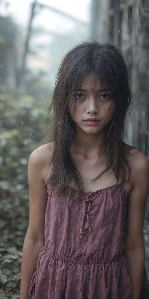 a poignant and emotionally resonant image portraying a young, abandoned, and destitute Korean teen girl, clad in a tattered, ragged short purple dress, with her long, messy hair, showcasing her pale, emaciated, and slightly skeletal features. She stands in front, looking mournfully at the viewer. The rain adds a serene touch to the scene, creating a sense of intimacy. Photo-realistic, high-resolution image, capturing the essence of a teenager's psychological and emotional state