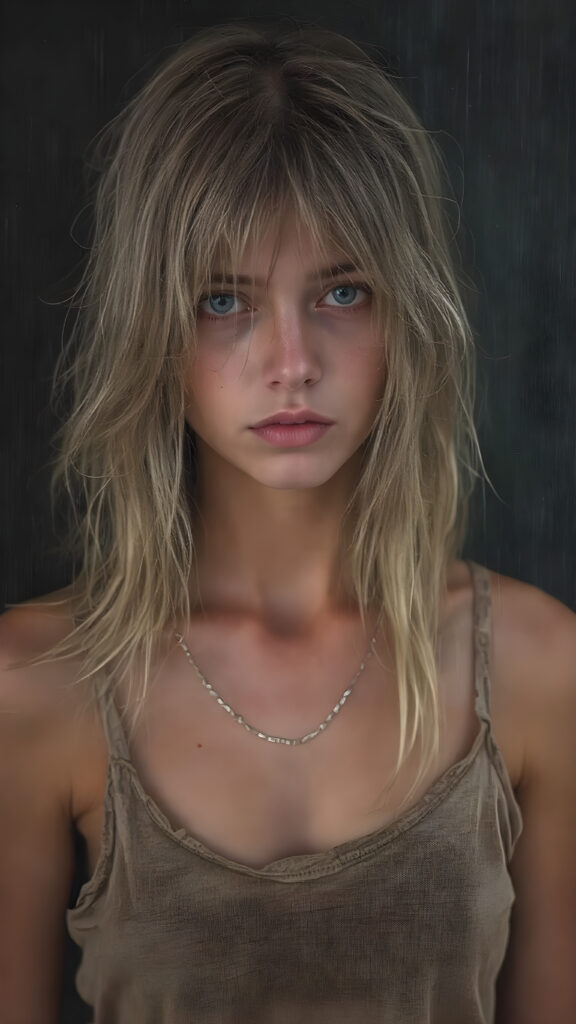 a poignant and emotionally resonant image portraying a young, abandoned, and destitute teen girl, clad in a tattered, ragged short brow cropped tank top, with her very long, messy blond brown wet hair, showcasing her pale, emaciated, and slightly skeletal features. She stands in front, looking mournfully at the viewer. The rain adds a serene touch to the scene, creating a sense of intimacy, photo-realistic, high-resolution image, capturing the essence of a teenager's psychological and emotional state, she has a perfect curved female body, realistic colors, perfect light and shadows, wears a fine silver necklace