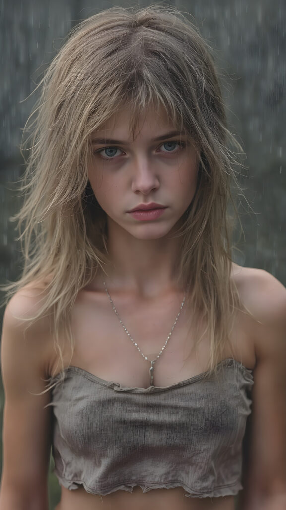 a poignant and emotionally resonant image portraying a young, abandoned, and destitute teen girl, clad in a tattered, ragged short brow cropped tank top, with her very long, messy blond brown wet hair, showcasing her pale, emaciated, and slightly skeletal features. She stands in front, looking mournfully at the viewer. The rain adds a serene touch to the scene, creating a sense of intimacy, photo-realistic, high-resolution image, capturing the essence of a teenager's psychological and emotional state, she has a perfect curved female body, realistic colors, perfect light and shadows, wears a fine silver necklace