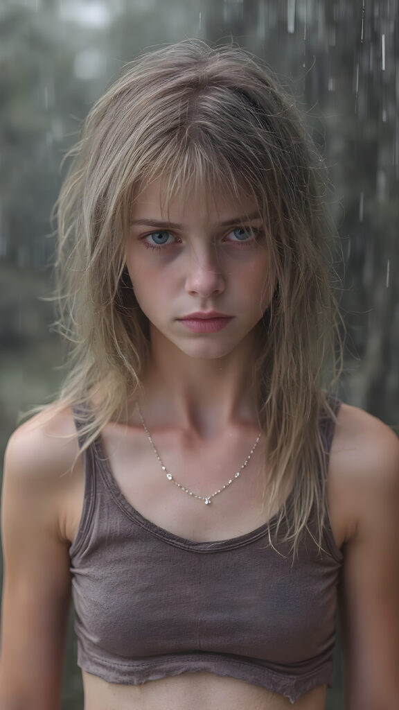 a poignant and emotionally resonant image portraying a young, abandoned, and destitute teen girl, clad in a tattered, ragged short brow cropped tank top, with her very long, messy blond brown wet hair, showcasing her pale, emaciated, and slightly skeletal features. She stands in front, looking mournfully at the viewer. The rain adds a serene touch to the scene, creating a sense of intimacy, photo-realistic, high-resolution image, capturing the essence of a teenager's psychological and emotional state, she has a perfect curved female body, realistic colors, perfect light and shadows, wears a fine silver necklace