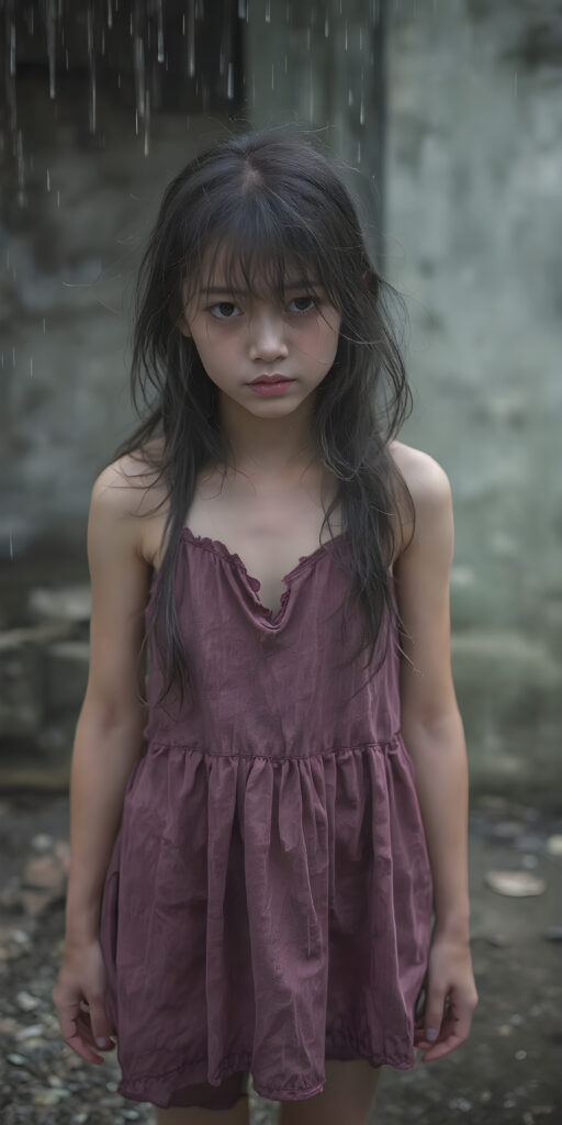 a poignant and emotionally resonant image portraying a young, abandoned, and destitute Korean teen girl, clad in a tattered, ragged short purple dress, with her long, messy hair, showcasing her pale, emaciated, and slightly skeletal features. She stands in front, looking mournfully at the viewer. The rain adds a serene touch to the scene, creating a sense of intimacy. Photo-realistic, high-resolution image, capturing the essence of a teenager's psychological and emotional state