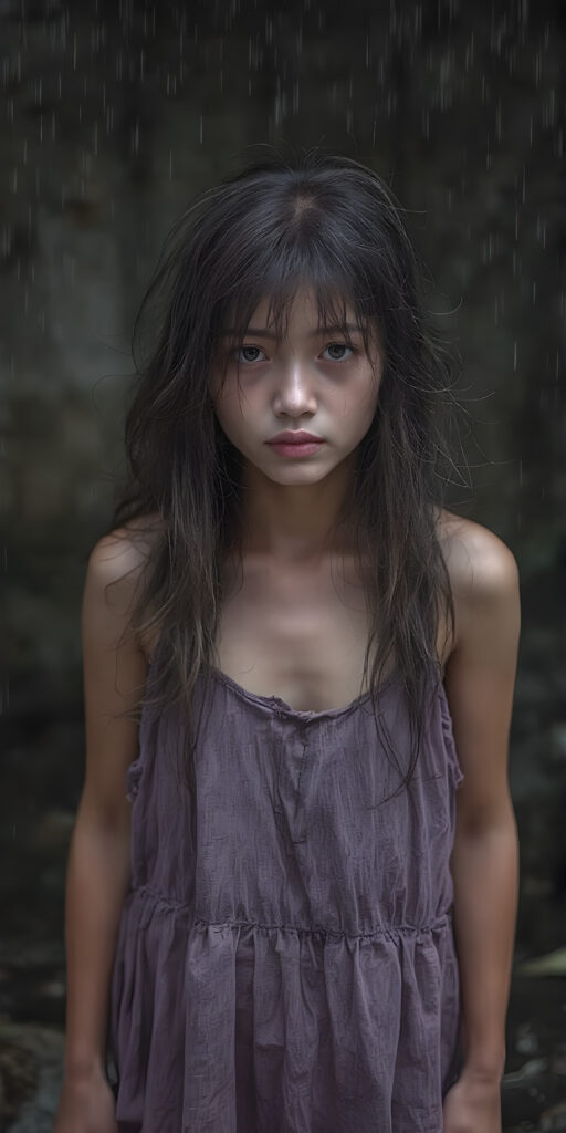 a poignant and emotionally resonant image portraying a young, abandoned, and destitute Korean teen girl, clad in a tattered, ragged short purple dress, with her long, messy hair, showcasing her pale, emaciated, and slightly skeletal features. She stands in front, looking mournfully at the viewer. The rain adds a serene touch to the scene, creating a sense of intimacy. Photo-realistic, high-resolution image, capturing the essence of a teenager's psychological and emotional state