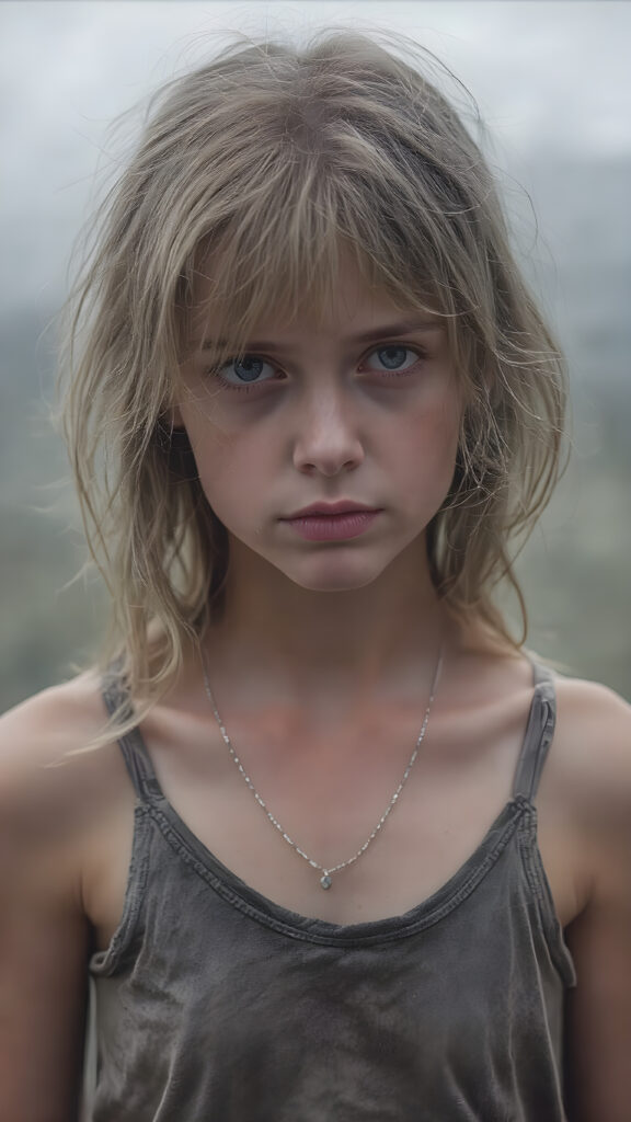 a poignant and emotionally resonant image portraying a young, abandoned, and destitute teen girl, clad in a tattered, ragged short brow cropped tank top, with her very long, messy blond brown wet hair, showcasing her pale, emaciated, and slightly skeletal features. She stands in front, looking mournfully at the viewer. The rain adds a serene touch to the scene, creating a sense of intimacy, photo-realistic, high-resolution image, capturing the essence of a teenager's psychological and emotional state, she has a perfect curved female body, realistic colors, perfect light and shadows, wears a fine silver necklace
