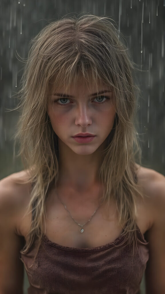 a poignant and emotionally resonant image portraying a young, abandoned, and destitute teen girl, clad in a tattered, ragged short brow cropped tank top, with her very long, messy blond brown wet hair, showcasing her pale, emaciated, and slightly skeletal features. She stands in front, looking mournfully at the viewer. The rain adds a serene touch to the scene, creating a sense of intimacy, photo-realistic, high-resolution image, capturing the essence of a teenager's psychological and emotional state, she has a perfect curved female body, realistic colors, perfect light and shadows, wears a fine silver necklace