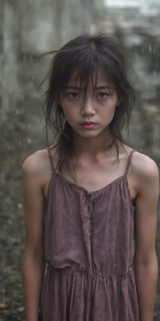 a poignant and emotionally resonant image portraying a young, abandoned, and destitute Korean teen girl, clad in a tattered, ragged short purple dress, with her long, messy hair, showcasing her pale, emaciated, and slightly skeletal features. She stands in front, looking mournfully at the viewer. The rain adds a serene touch to the scene, creating a sense of intimacy. Photo-realistic, high-resolution image, capturing the essence of a teenager's psychological and emotional state