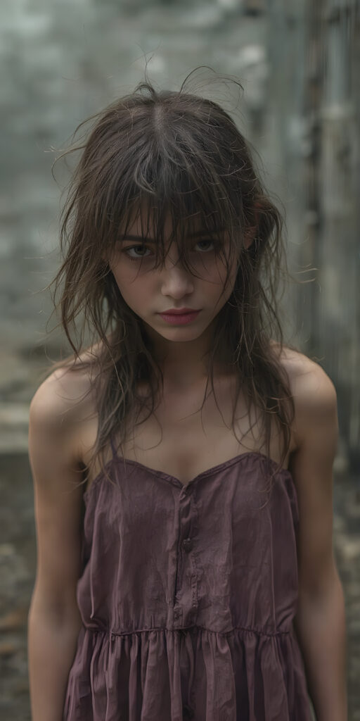 a poignant and emotionally resonant image portraying a young, abandoned, and destitute Korean teen girl, clad in a tattered, ragged short purple dress, with her long, messy hair, showcasing her pale, emaciated, and slightly skeletal features. She stands in front, looking mournfully at the viewer. The rain adds a serene touch to the scene, creating a sense of intimacy. Photo-realistic, high-resolution image, capturing the essence of a teenager's psychological and emotional state