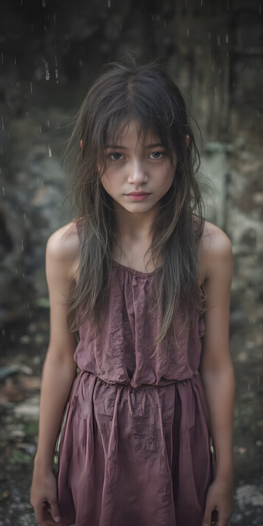 a poignant and emotionally resonant image portraying a young, abandoned, and destitute Korean teen girl, clad in a tattered, ragged short purple dress, with her long, messy hair, showcasing her pale, emaciated, and slightly skeletal features. She stands in front, looking mournfully at the viewer. The rain adds a serene touch to the scene, creating a sense of intimacy. Photo-realistic, high-resolution image, capturing the essence of a teenager's psychological and emotional state