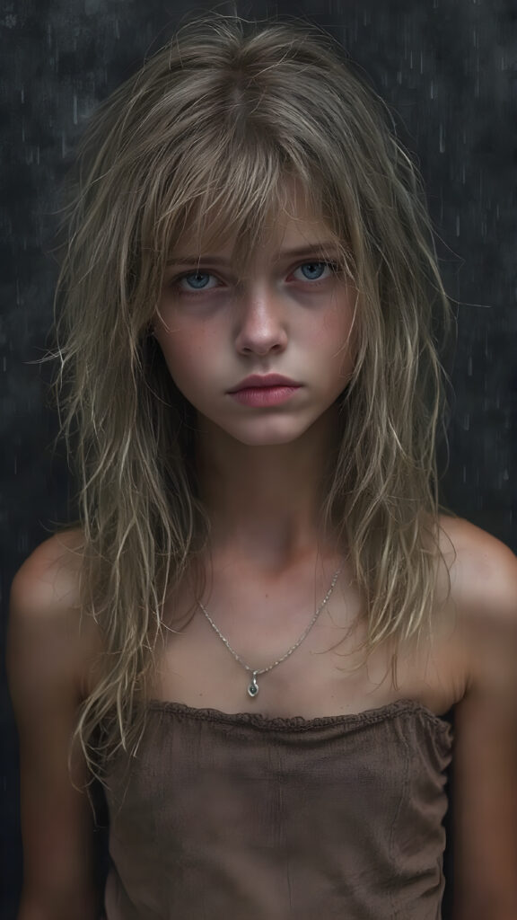 a poignant and emotionally resonant image portraying a young, abandoned, and destitute teen girl, clad in a tattered, ragged short brow cropped tank top, with her very long, messy blond brown wet hair, showcasing her pale, emaciated, and slightly skeletal features. She stands in front, looking mournfully at the viewer. The rain adds a serene touch to the scene, creating a sense of intimacy, photo-realistic, high-resolution image, capturing the essence of a teenager's psychological and emotional state, she has a perfect curved female body, realistic colors, perfect light and shadows, wears a fine silver necklace