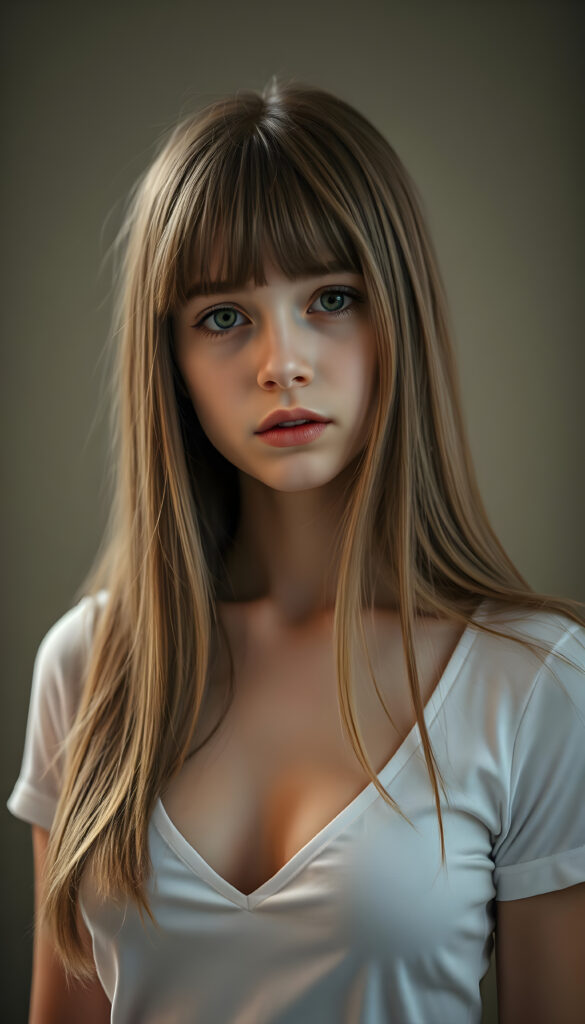 a ((portrait)) of (((cute))) (((elegant))) ((attractive)) (((long, straight hazelnut hair))) ((stunning)) a beautifully realistic, cinematic lights, exotic teen girl, bangs cut, realistic detailed angelic round face, ((realistic detailed hazelnut eye)) looks sadly at the camera, portrait shot, perfect curved body, (wears a super short tight (white t-shirt, deep v-neck) made on thin silk), perfect anatomy, cherry blossom