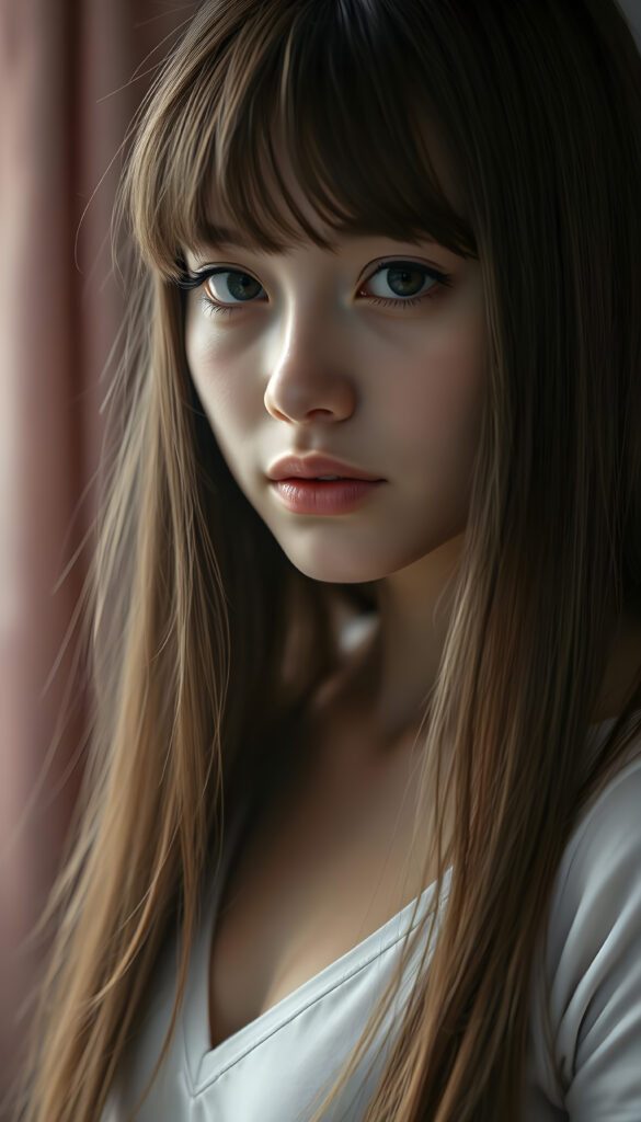 a ((portrait)) of (((cute))) (((elegant))) ((attractive)) (((long, straight hazelnut hair))) ((stunning)) a beautifully realistic, cinematic lights, exotic teen girl, bangs cut, realistic detailed angelic round face, ((realistic detailed hazelnut eye)) looks sadly at the camera, portrait shot, perfect curved body, (wears a super short tight (white t-shirt, deep v-neck) made on thin silk), perfect anatomy, cherry blossom