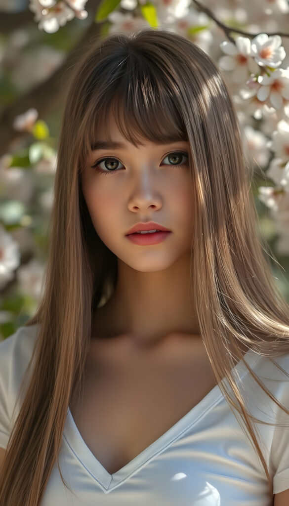 a ((portrait)) of (((cute))) (((elegant))) ((attractive)) (((long, straight hazelnut hair))) ((stunning)) a beautifully realistic, cinematic lights, exotic teen girl, bangs cut, realistic detailed angelic round face, ((realistic detailed hazelnut eye)) looks sadly at the camera, portrait shot, perfect curved body, (wears a super short tight (white t-shirt, deep v-neck) made on thin silk), perfect anatomy, ((all against a sunny green backdrop in a cherry blossom