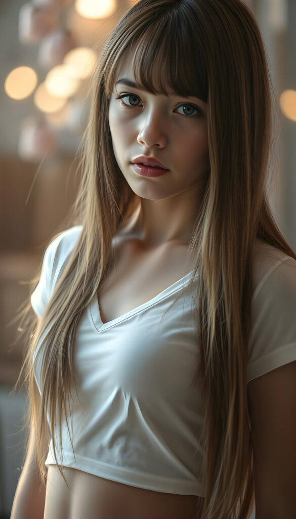 a ((portrait)) of (((cute))) (((elegant))) ((attractive)) (((long, straight hazelnut hair))) ((stunning)) a beautifully realistic, cinematic lights, exotic teen girl, bangs cut, realistic detailed angelic round face, ((realistic detailed hazelnut eye)) looks sadly at the camera, portrait shot, perfect curved body, (wears a super short tight (white t-shirt, deep v-neck) made on thin silk), perfect anatomy, cherry blossom