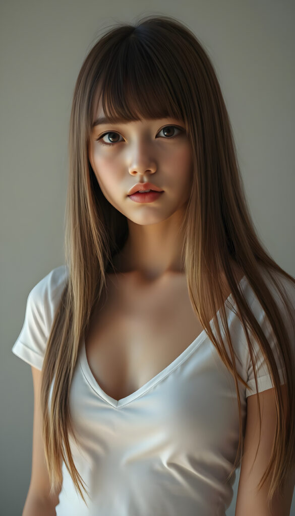 a ((portrait)) of (((cute))) (((elegant))) ((attractive)) (((long, straight hazelnut hair))) ((stunning)) a beautifully realistic, cinematic lights, exotic teen girl, bangs cut, realistic detailed angelic round face, ((realistic detailed hazelnut eye)) looks sadly at the camera, portrait shot, perfect curved body, (wears a super short tight (white t-shirt, deep v-neck) made on thin silk), perfect anatomy, cherry blossom