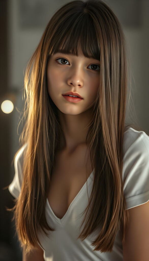 a ((portrait)) of (((cute))) (((elegant))) ((attractive)) (((long, straight hazelnut hair))) ((stunning)) a beautifully realistic, cinematic lights, exotic teen girl, bangs cut, realistic detailed angelic round face, ((realistic detailed hazelnut eye)) looks sadly at the camera, portrait shot, perfect curved body, (wears a super short tight (white t-shirt, deep v-neck) made on thin silk), perfect anatomy, cherry blossom