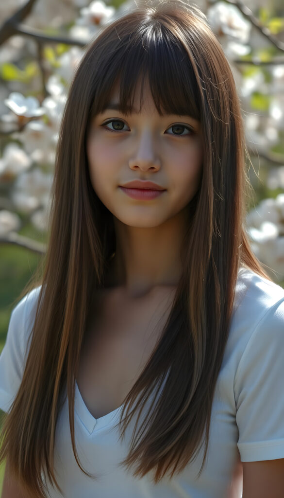 a ((portrait)) of (((cute))) (((elegant))) ((attractive)) (((long, straight hazelnut hair))) ((stunning)) a beautifully realistic, cinematic lights, exotic teen girl, bangs cut, realistic detailed angelic round face, ((realistic detailed hazelnut eye)) looks sadly at the camera, portrait shot, perfect curved body, (wears a super short tight (white t-shirt, deep v-neck) made on thin silk), perfect anatomy, ((all against a sunny green backdrop in a cherry blossom